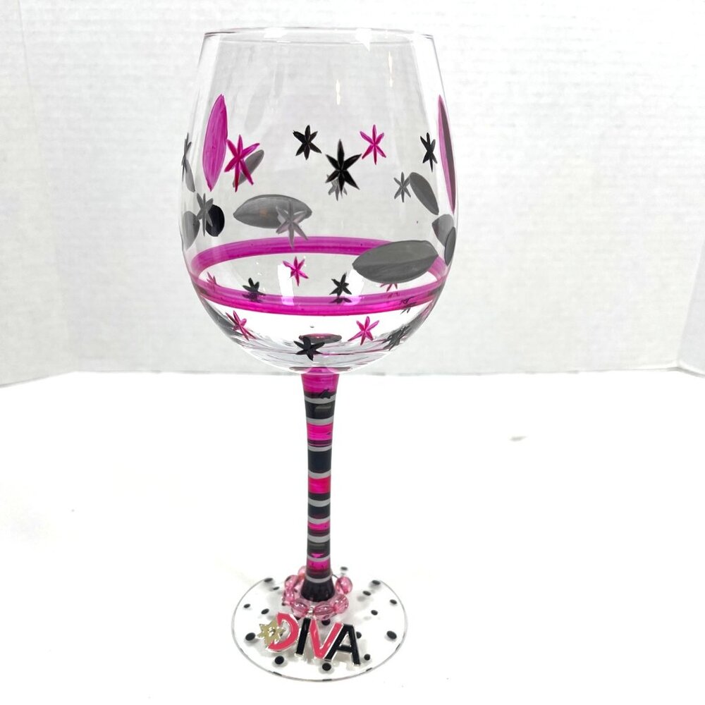MoMo Panache Wine Goblet Art Glass Diva My Special Moments Wine Charm Pink Black - Picture 2 of 8
